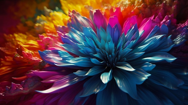 Uma flor colorida com um centro azul