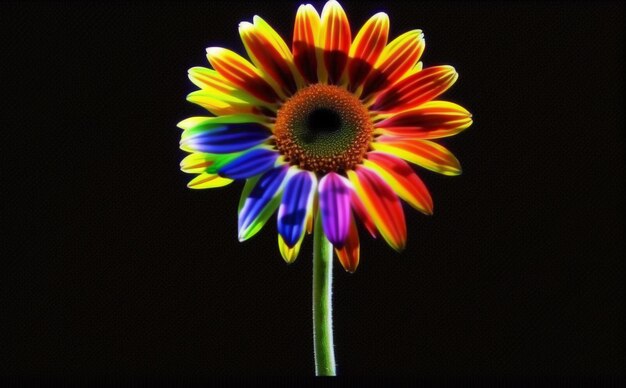 Uma flor colorida com uma haste verde e um centro azul.