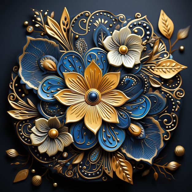 uma flor colorida é decorada com flores azuis e douradas.