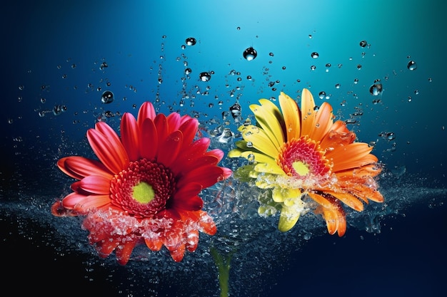 Uma flor colorida está na água com um pouco de água.