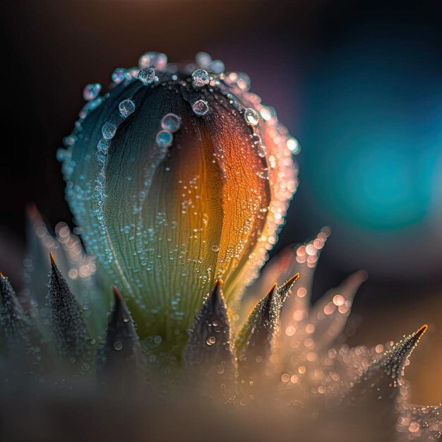 Uma flor com gotas de água é coberta por gotas de água.