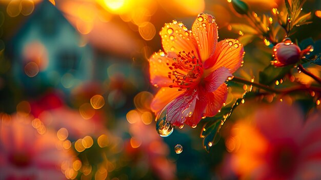 Uma flor com gotas de água no pôr-do-sol