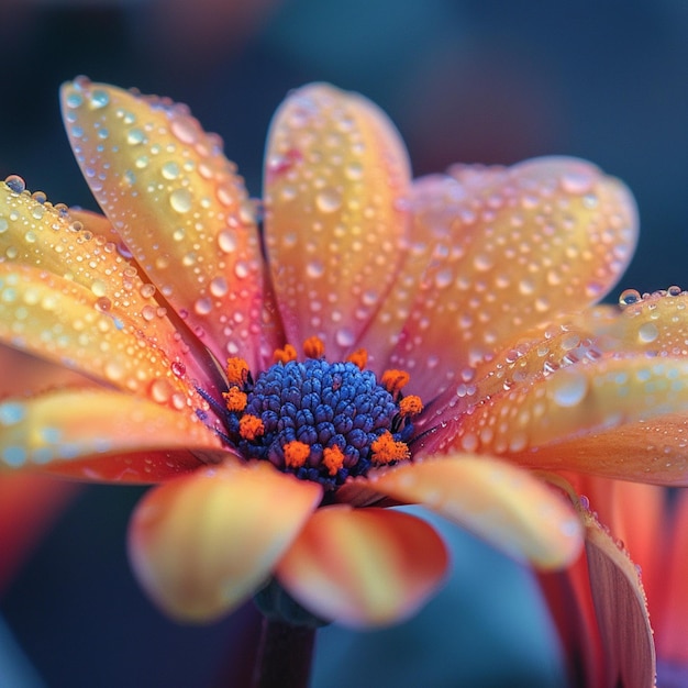 uma flor com gotas de água sobre ela e as gotas de chuva sobre ela