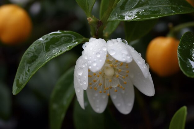 Uma flor com gotas de água