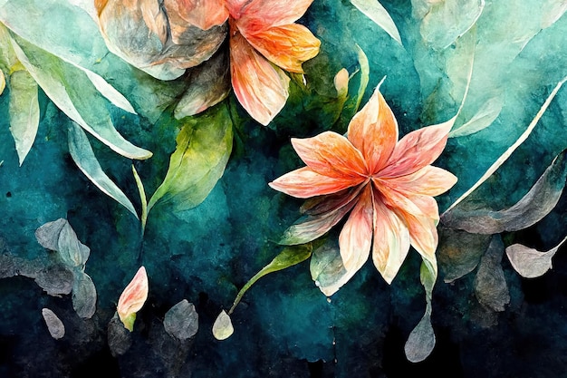 Uma flor com muitas folhas é retratada na tela Padrão de aquarela sem costura padrão de cores de pincel desenhado à mão ilustração 3d