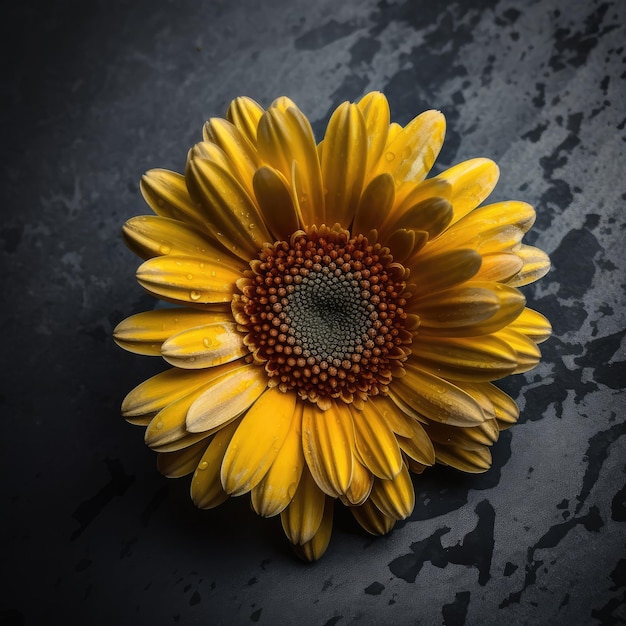 Uma flor com um centro amarelo está em uma superfície cinza generativa ai