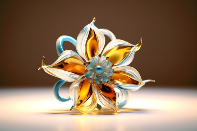 Uma flor com um centro azul e amarelo está sobre uma mesa