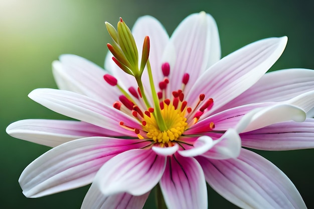 Uma flor com um centro rosa e estames amarelos