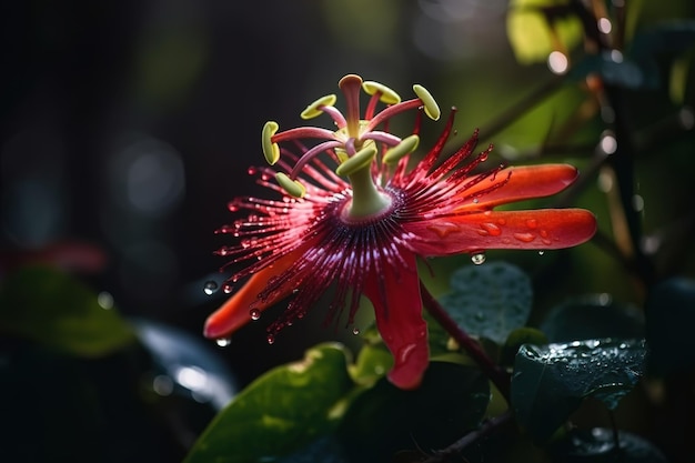 Foto uma flor com uma flor vermelha à luz do sol