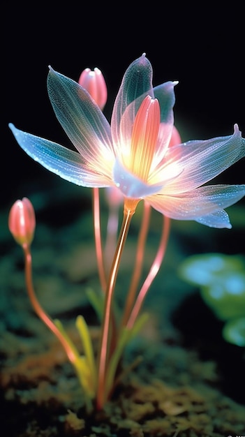 Uma flor com uma luz azul e vermelha