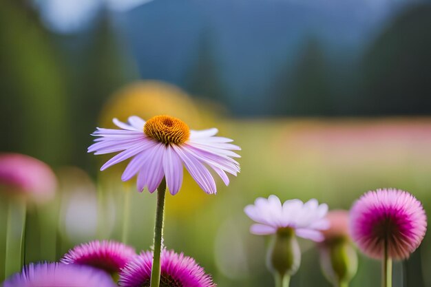 Uma flor com uma montanha ao fundo