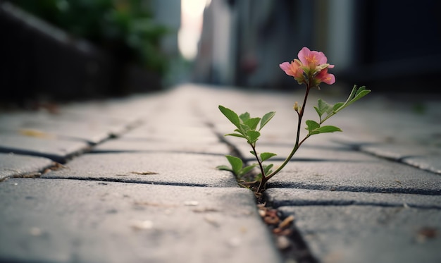 Uma flor cresce através de uma rachadura em uma rua