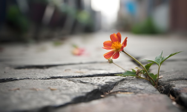 Uma flor cresce em uma calçada rachada