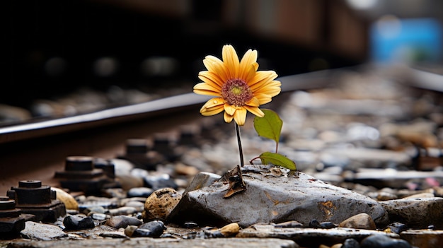 Foto uma flor crescendo em uma pedra ao lado dos trilhos de um trem