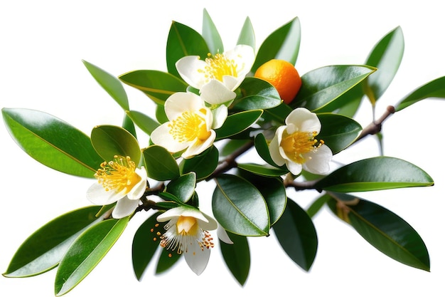 Foto uma flor de brotos e folhas de laranjas brancas e perfumadas florescendo em um fundo branco