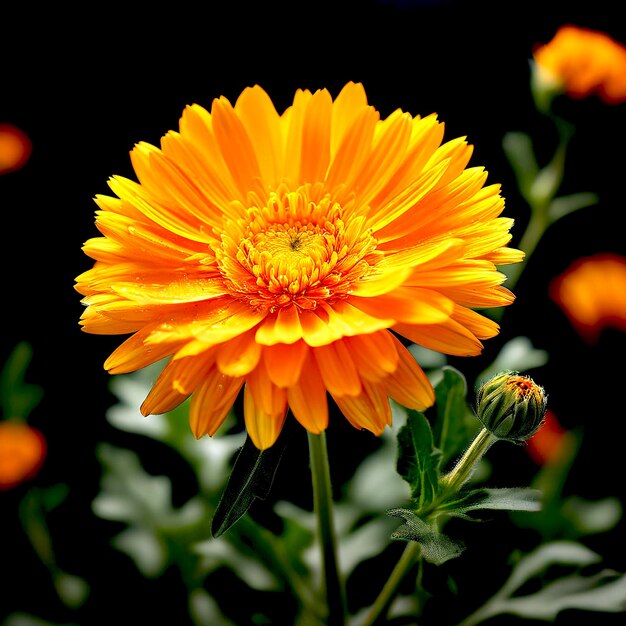 uma flor de calêndula amarela com fundo verde