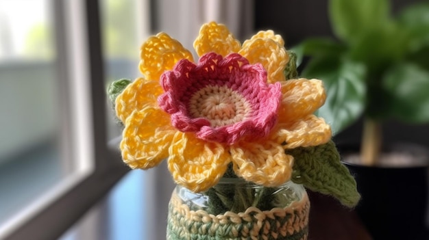 Uma flor de crochê está em uma jarra com uma planta verde ao fundo.