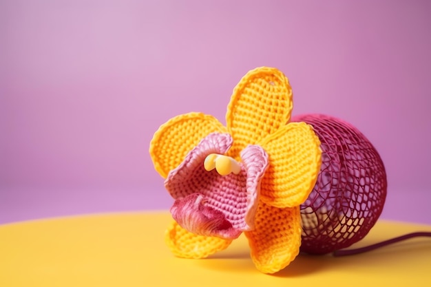 Uma flor de crochê feita de crochê e fios está sobre uma mesa amarela.