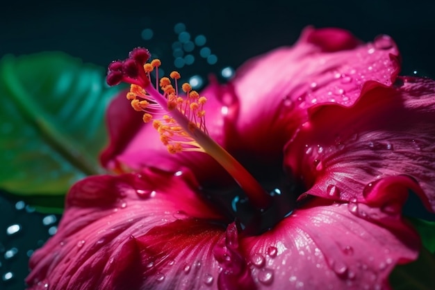 Uma flor de hibisco com água cai sobre ela