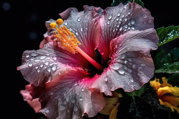 Uma flor de hibisco rosa com água cai sobre ela