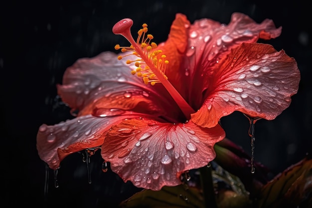 Uma flor de hibisco vermelho com água cai sobre ela