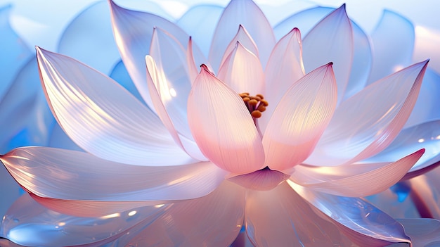 Uma flor de lótus com o reflexo do céu ao fundo.