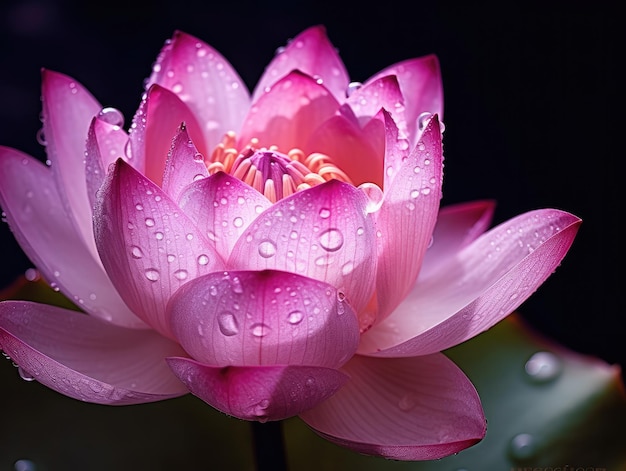 Uma flor de lótus rosa com gotas de água sobre ela