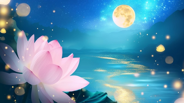 uma flor de lótus rosa está flutuando na frente de uma lua cheia