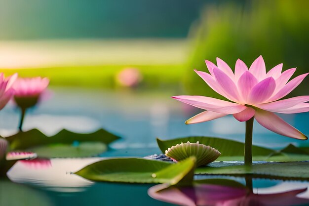 uma flor de lótus rosa senta-se numa lagoa com outros lírios de água