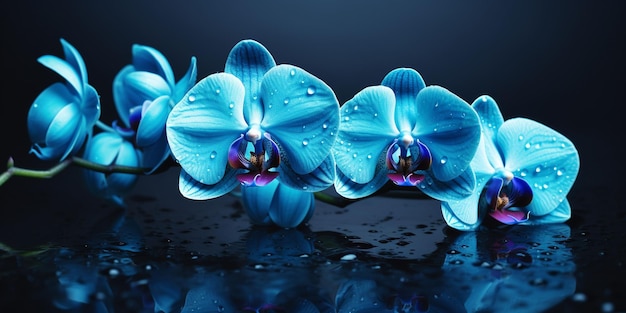 Uma flor de orquídea azul está em um fundo preto com gotas de água.