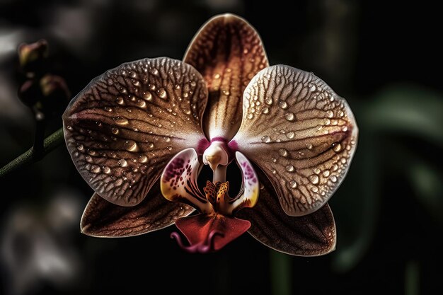 Uma flor de orquídea com gotas de água