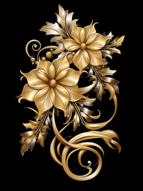 Foto uma flor de ouro com folhas e contas sobre ela ornamento floral elaborado
