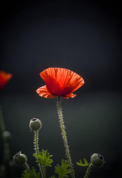 Uma flor de papoula vermelha em foco com um fundo escuro