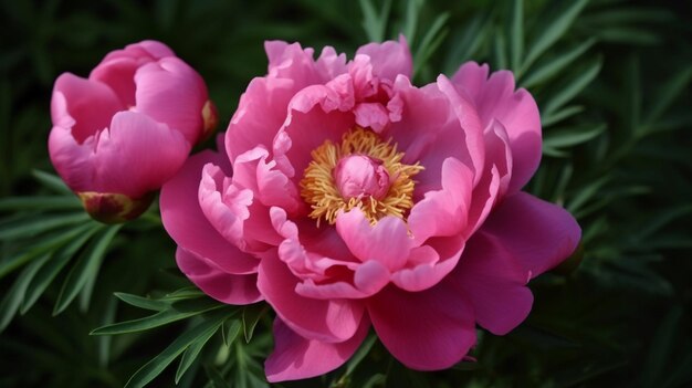 Uma flor de peônia rosa com um centro amarelo.