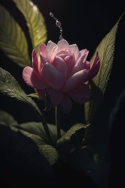 Uma flor de peônia rosa no escuro