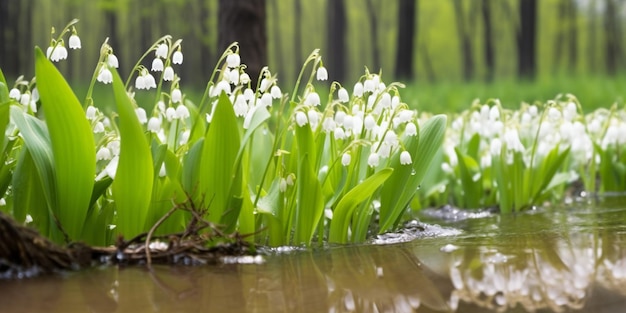 Uma flor de primavera cresce em um riacho