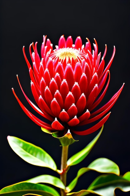 Foto uma flor de protea vermelha com folhas verdes e um fundo preto