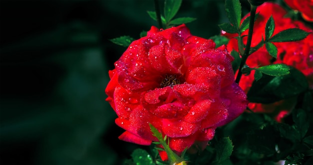 Uma flor de rosa vermelha em gotas de orvalho em uma manhã de verão fechada com um espaço de cópia