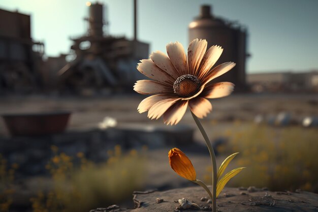 Uma flor desabrochando em terra seca