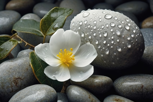 Uma flor é colocada sobre uma pedra com gotas de chuva.