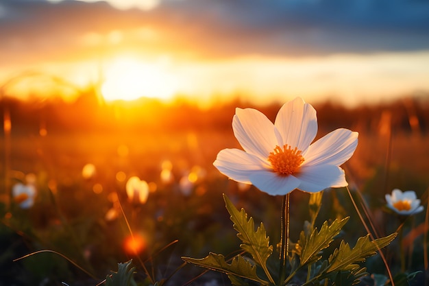 Uma flor em um campo com sol no fundo