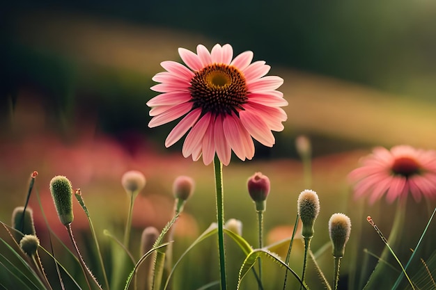 Uma flor em um campo com uma flor rosa