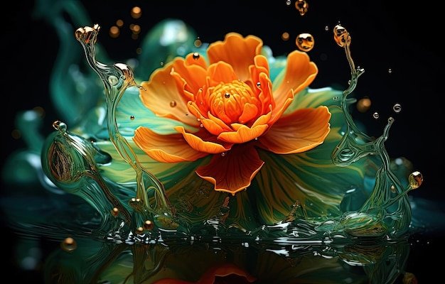 uma flor em um pouco de água com um líquido verde e laranja no estilo de Mike Campau