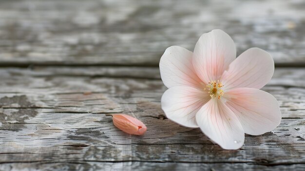 uma flor em uma mesa de madeira com uma flor rosa nela