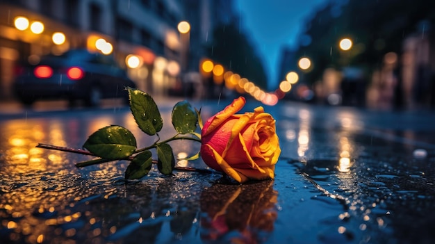 Uma flor em uma rua molhada à noite
