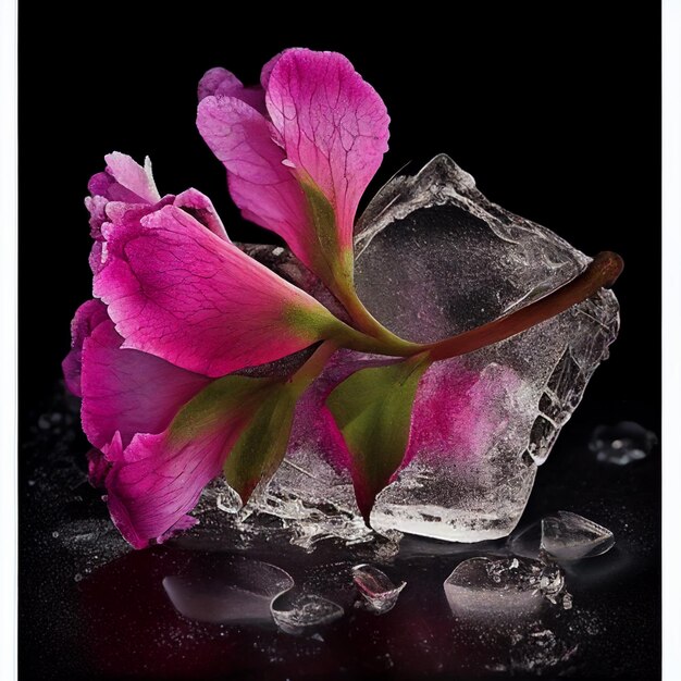 Uma flor está deitada em um cubo de gelo com cubos de gelo e uma flor nele.
