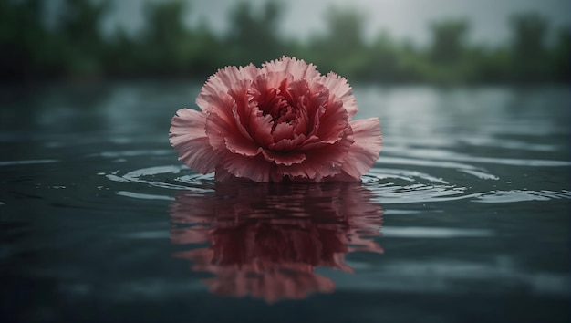 uma flor flutuando na água com o fundo de árvores e céu