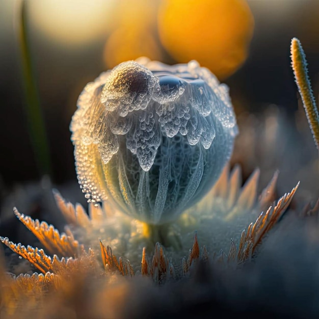 Uma flor gelada com o sol brilhando sobre ela