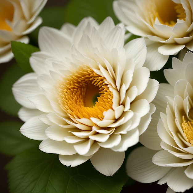 Uma flor grande com pétalas brancas e um centro amarelo em folhas verdes Ilustração da natureza IA generativa