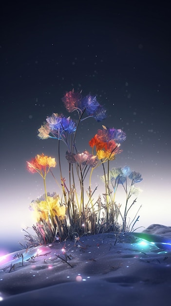 Uma flor iluminada com uma luz de arco-íris